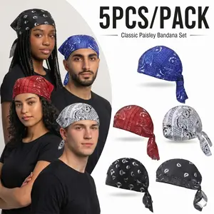 5Pcs/Pack Bohemian Ethnic Style Men's Pirate Cashew Print Strap Headband Cap, Sports Cycling Casual Headscarf Set