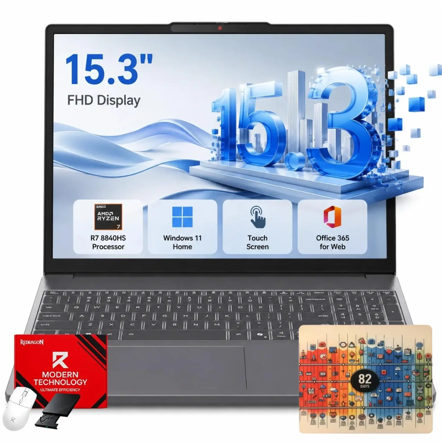Lenovo IdeaPad Slim 3 15" Touchscreen Laptop, AMD Ryzen 7 8840HS, 16GB RAM, 512GB SSD, Windows 11 Home, AMD Radeon 780M Graphics, 1080p IR Webcam, Office 365 for the Web