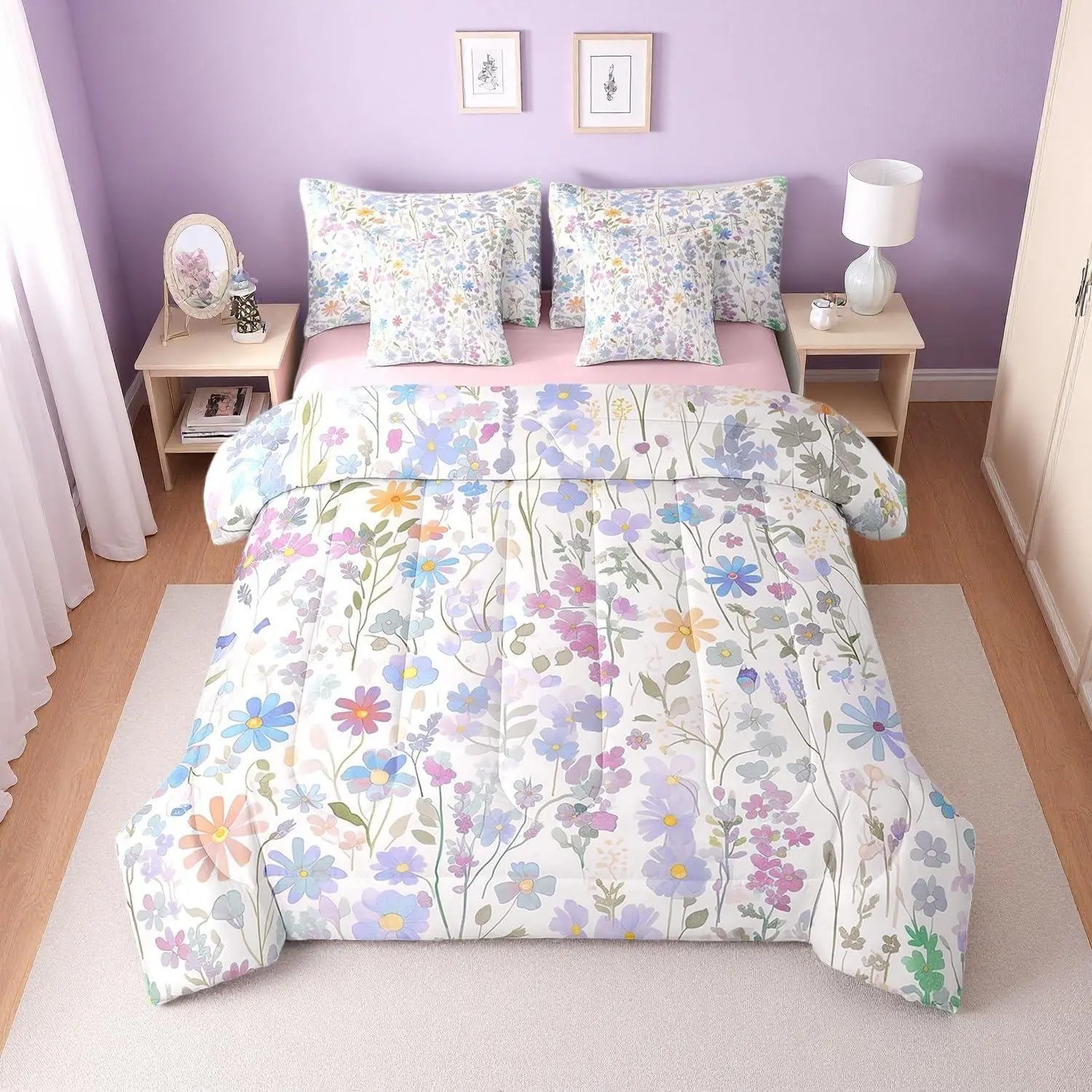 7 Piece Cute Boho Floral Bed Set,Colorful Wild Flower Comforter Set for Kids Girls Women,Bohemian Decor Rustic Flowers Bedding Set with Fitted Sheet,Flat Sheet,Pillowcases