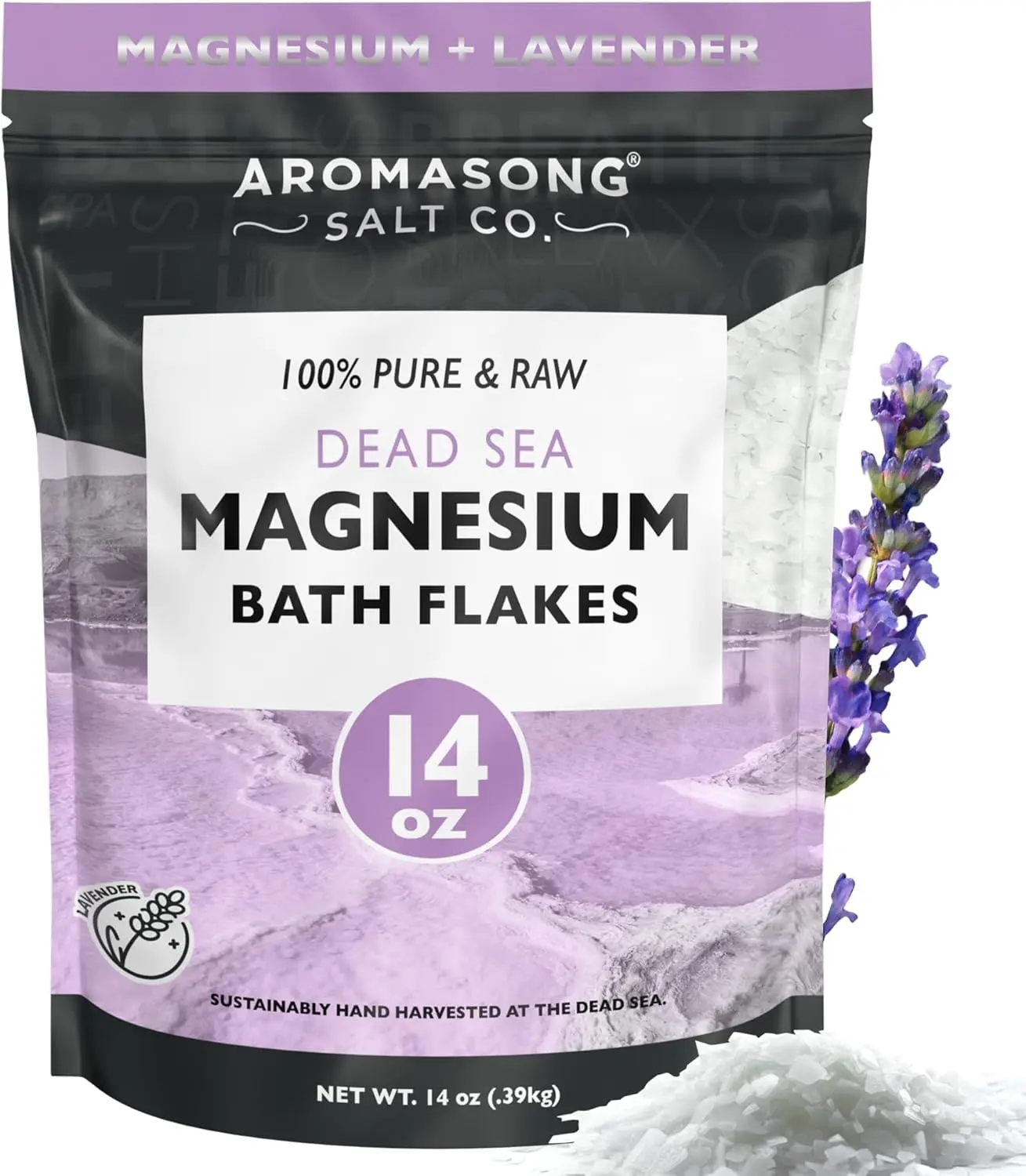 AROMASONG Raw Magnesium Bath Flakes with Dead Sea Minerals & Lavender, Soothing Muscle Relief, Aroma Therapy Bath Salt, 14 oz, Aroma Therapy Minerals & Salts