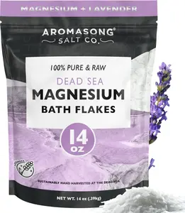 AROMASONG Raw Dead Sea Salts Magnesium Bath Flakes - Lavender, 14oz Body Care Cleanser for Soothing Cleansing & Muscle Relief