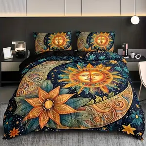 3pcs Decorative Bedding Set (1 Fitted Sheet + 2 Pillowcases), High-Definition Print Moon Flower Design, Home Dormitory Use, No Pillows Included