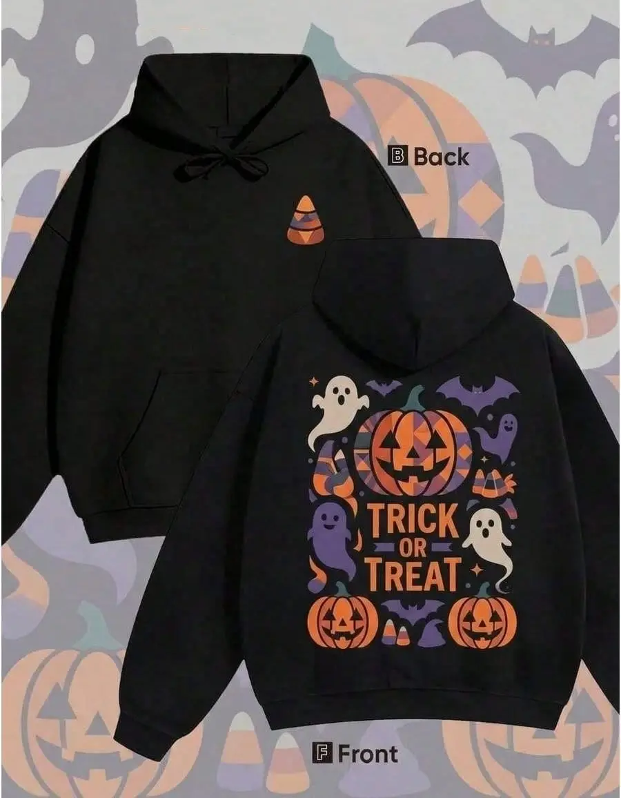 Fall Essential Hoodie Halloween Trick Or Treat Ghost Pumpkin Graphic Fleece Oversized Unisex Y2K Streetwear Pullover For Spooky Season Daily Wear