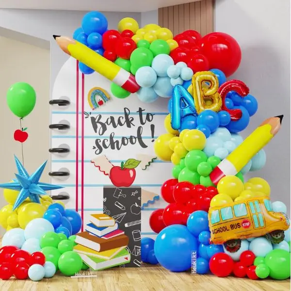 153PCS Back to School Balloon Garland Kit, Rainbow Balloons with School Bus, Pencil & ABC Foil Balloons, Classroom Decor