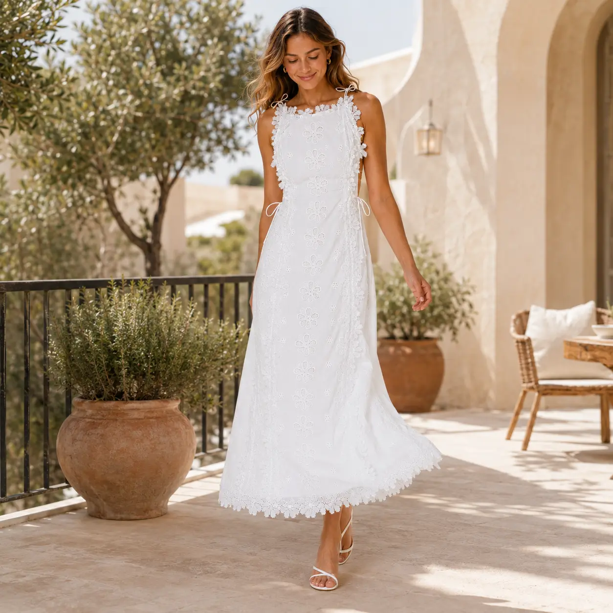 Women’s Cotton Blend Woven Floral Eyelet Sleeveless A-Line Maxi Dress with Side Tie Detail - Formal Overall for Vacation, Garden Party Women's Clothes