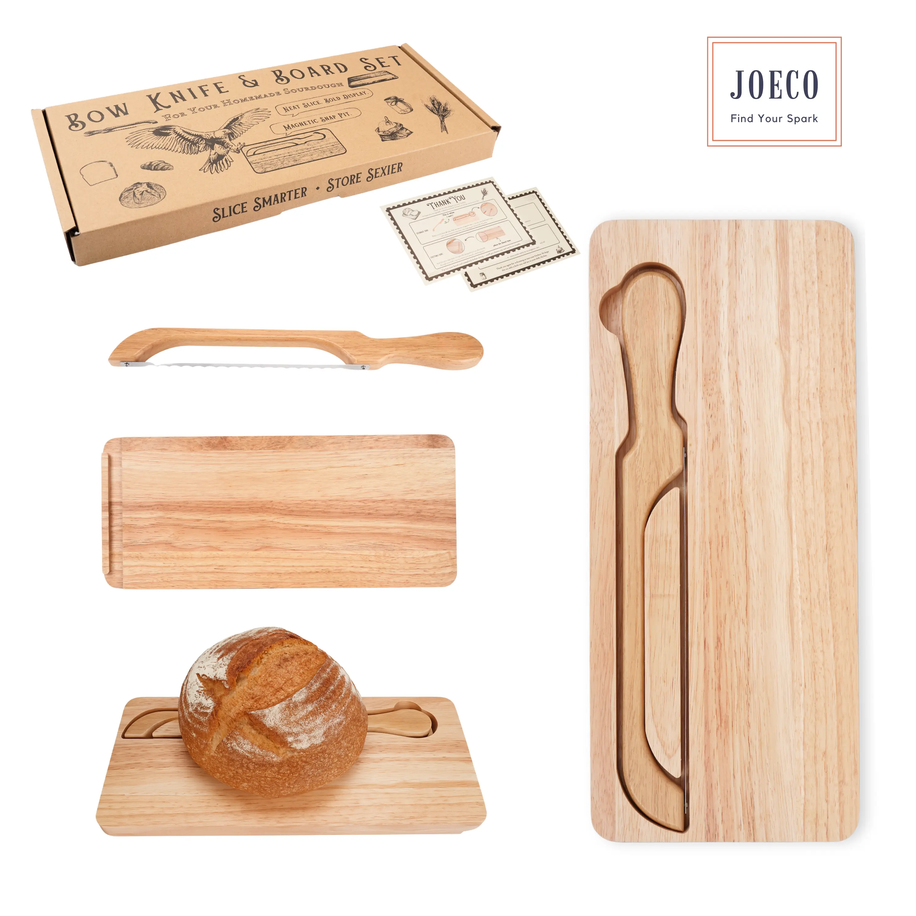 Sourdough Bow Knife & Wooden Cutting Board Set — 2-in-1 Bread Slicer with Built-In Magnetic Knife Storage | Display Tray for Artisan Sourdough, Bagels & Baguettes | Premium Stainless Steel Serrated Knife & Natural Rubberwood Board, Gift for Bakers