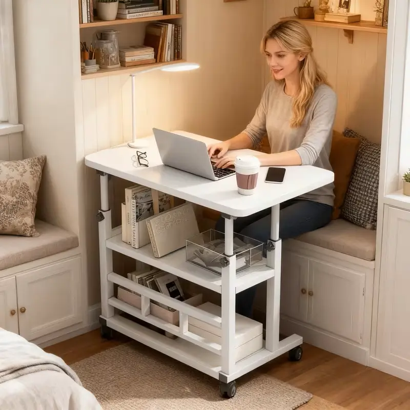 23.62" Mobile Bedside Desk, Height Adjustable Rolling Laptop Table with 2-Tier Storage Shelves for Bedroom & Home Office