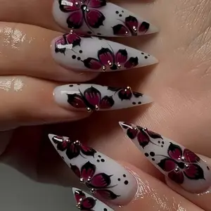 Aura Nails - 3D Floral French Stiletto Press On Nails Hand-Painted Acrylic, Birthday Gift