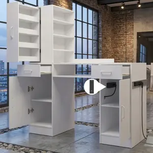 Nail Desk for Nail Tech, White Manicure Table with Glass Top & Power Outlet, Hand Cushion Pillow, Large Storage, US B Plug 110-127V, MDF, Salon Furniture, Portable Foldable Beauty Station