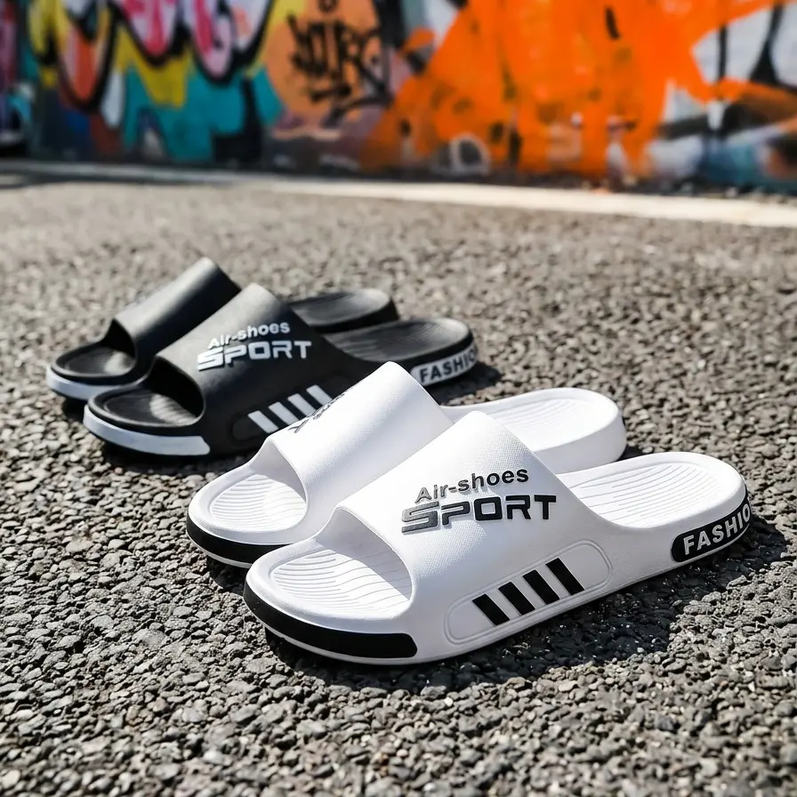 Men's Non-Slip PVC Flip Flops | Black with White Accents, Comfort Fit Summer Sandals for Beach, Shower & Indoor Outdoor Casual Wear