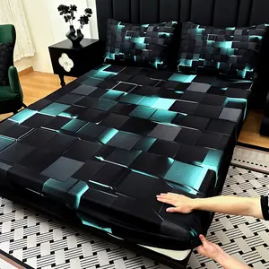 3pcs Cool Technology Digital Printing Material Plaid Fitted Sheet - Deep Pocket In 15 Inch, At Home Dormitory Suitable for All Seasons Mattress Protector