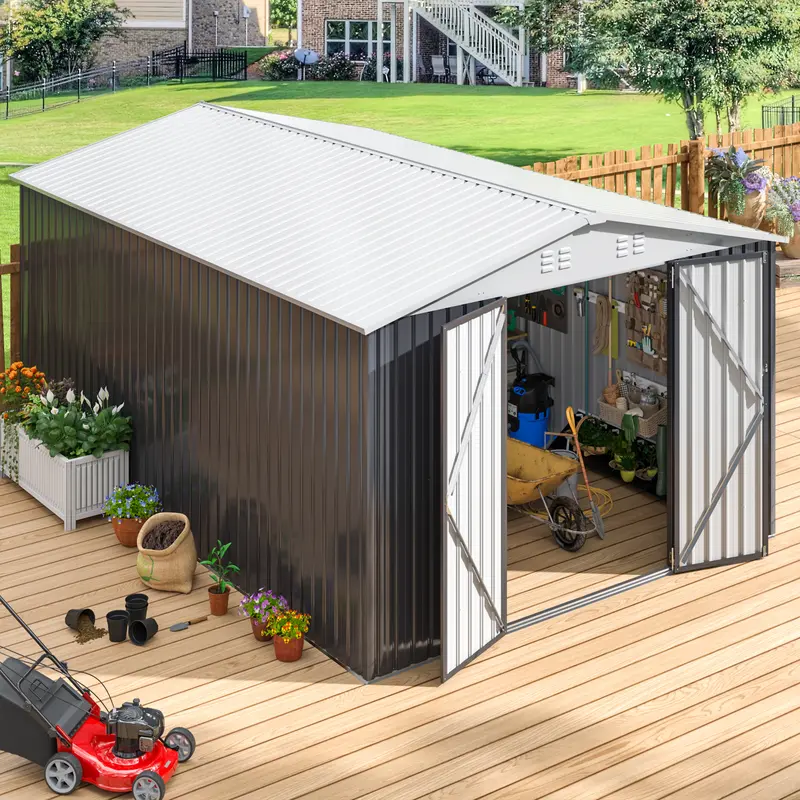 VIWAT Modern Sturdy Rectangular Outdoor Metal Storage Shed - Water-Shedding Sloped Roof, Updated Frame, Lockable Doors, Waterproof, Tough Corner Protectors, Ventilation, Easy Set-Up, Assembly Required, Ample Organized Backyard Garden Tool Storage