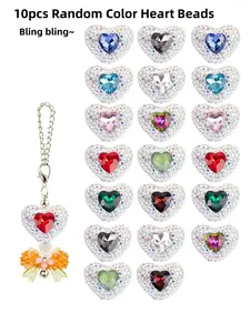 10Pcs Random Color Full-Diamond Heart Shape Beads, Rhinestone Heart Shaped Chunky Glitter Beads, Decorative Beads for Jewelry Keychains Charm Making, Diy Mixed Beads