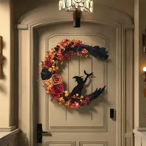 Large 14inch Gothic Halloween Wreath - Witch Orange Black Red Yellow Floral Decoration Indoor Outdoor Durable Plastic Moon Witch Wreath for Horror Autumn Home Decoration