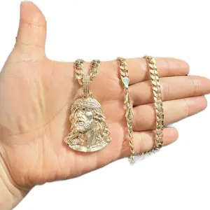 Jesus Big Pendant Concave Necklace Gold Plated 24" Inches Chain with Detailed Pendant Design Fashion Jewelry