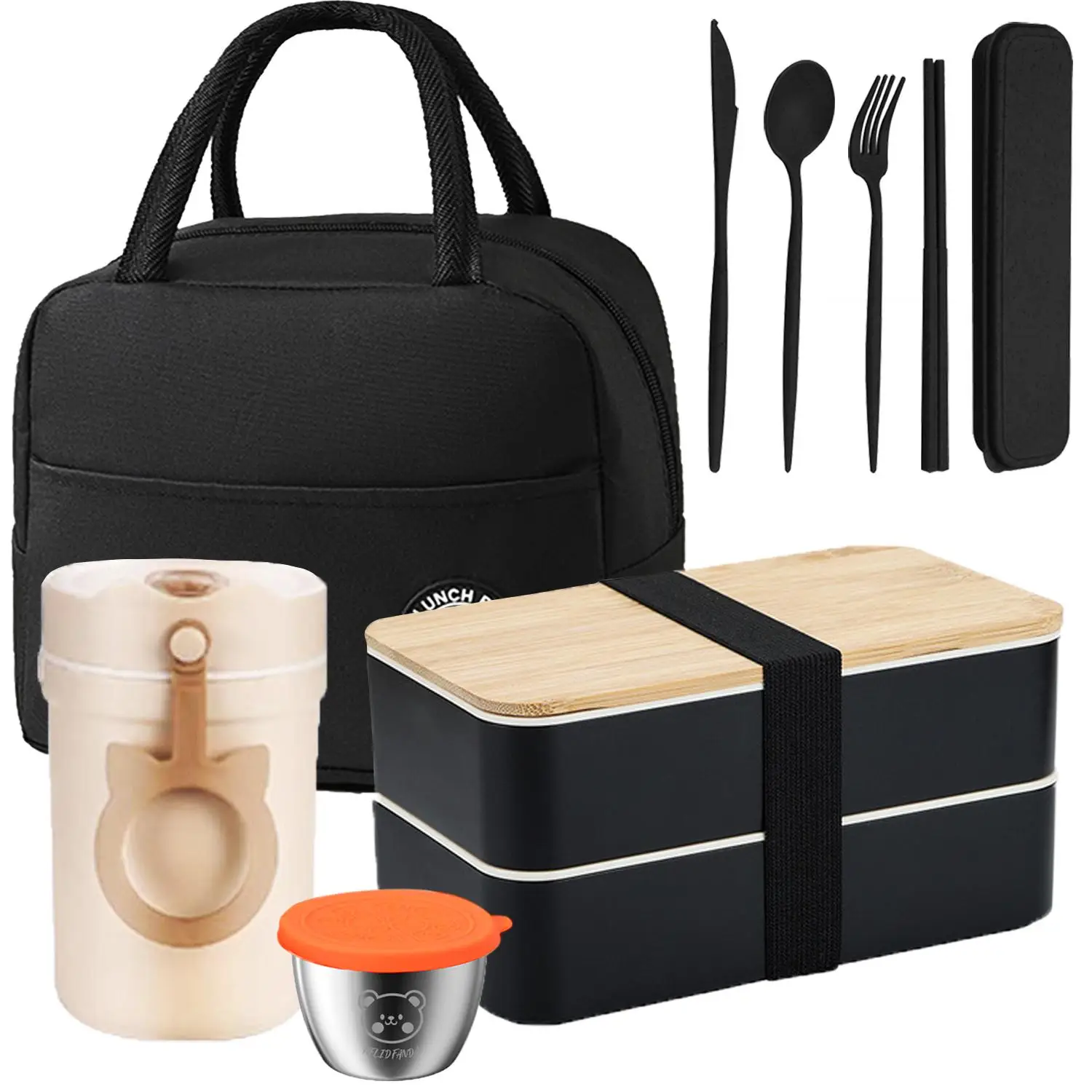 Lunch Box Set, 1 Set Bento Box, Including Double Layer Lunch Storage Box with Compartment, Soup Cup, Stainless Steel Dip Container & Lunch Bag or Cutl