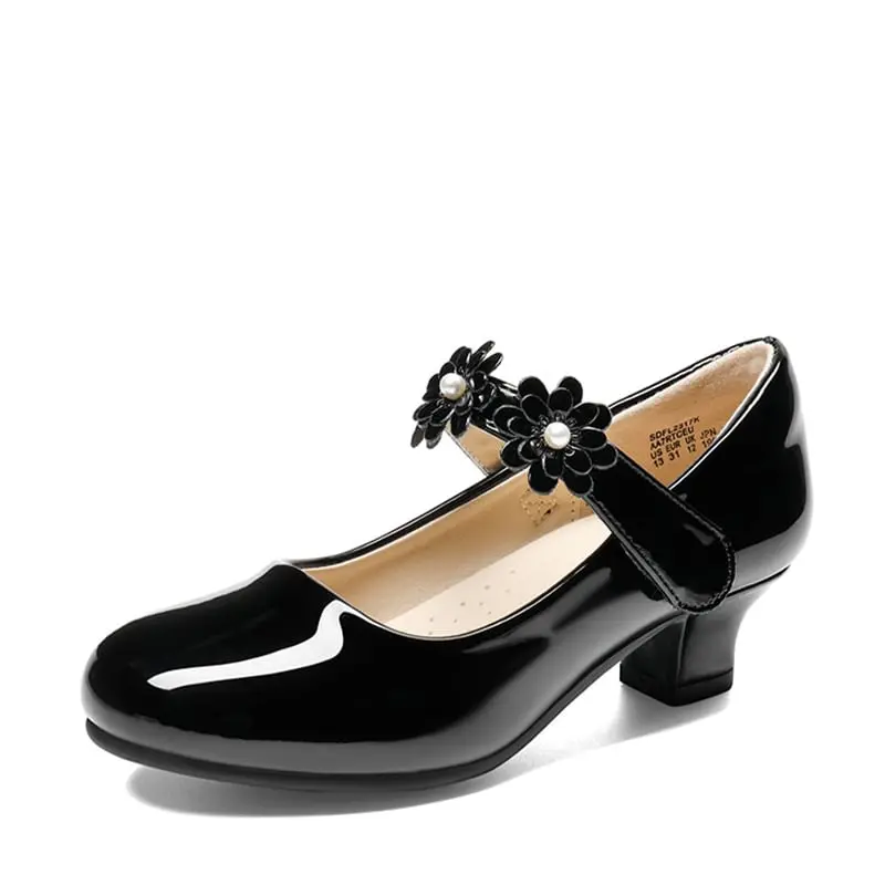 Dream Pairs Girls' Formal Mary Jane Footwear - PU Leather Elegant Stylish High Heels with Flower Decor, 1.3-Inch Block Heels for Parties