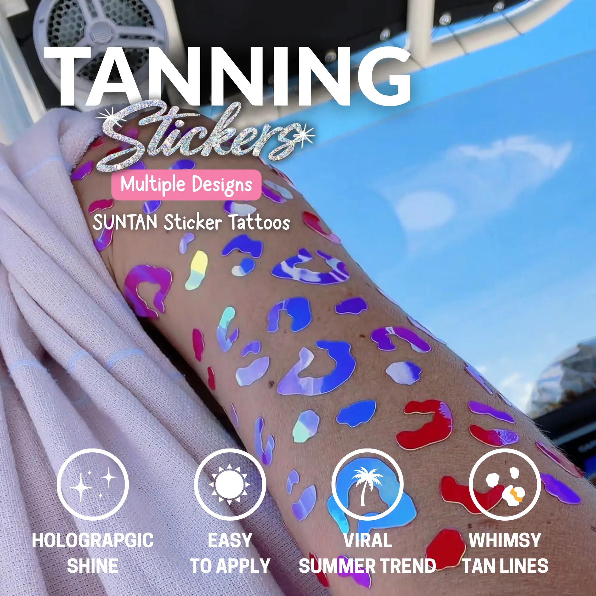 Holographic Tanning Stickers |  Suntan Sticker Tattoo Pack |  Colorful Body Decals | Create Unique Whimsy Tan Lines