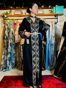 Black Handcrafted Moroccan Kaftan - Traditional Design with Geometric Patterns and Elegant Belt Included