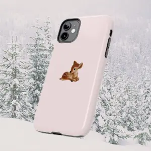 Cute Fawn Illustration Tough Phone Case Pastel Pink Deer Design Durable Lexan Polycarbonate Shell TPU Liner UV Protected Finish Supports Wireless Charging