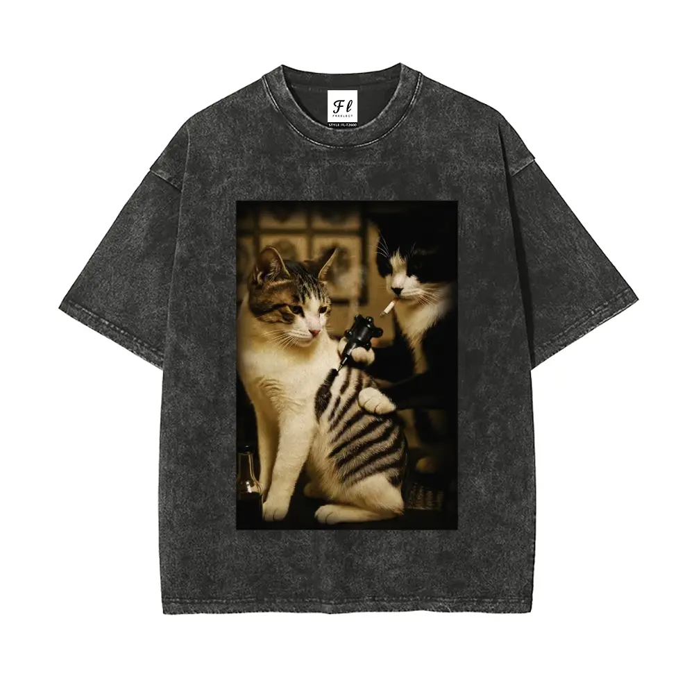 Tattoo Artist Cat Graphic Tshirt, Unisex Vintage Washed Cotton Shortsleeve Top with an Oversize Fit for Streetwear Fashion, Retro, Fabric