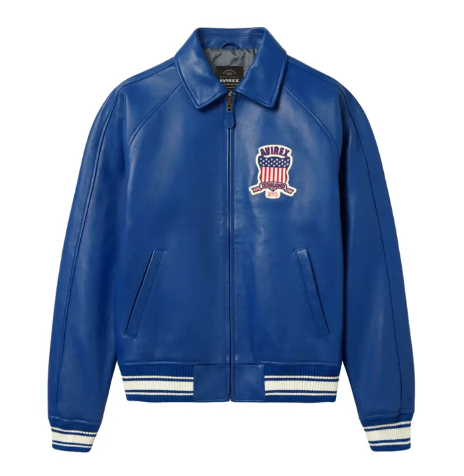 Men’s Blue Leather Varsity Jacket Avirex Style Vintage Patch Bomber Zip-Up Streetwear Jacket