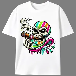 Rainbow Cigar Skeleton Summer T-Shirt, Men's Unisex Streetwear Graphic Tee, Cool Candy Colored Skeleton Casual Shirt for Hip-Hop Lovers