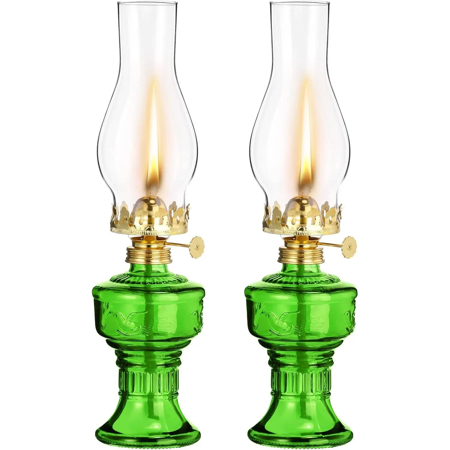 2-Pcs Vintage Oil Lamps, 13-in High Green Rustic Hurricane Kerosene Lanterns with Adjustable Wick for Indoor Home Emergency Lighting, Oil Lamp