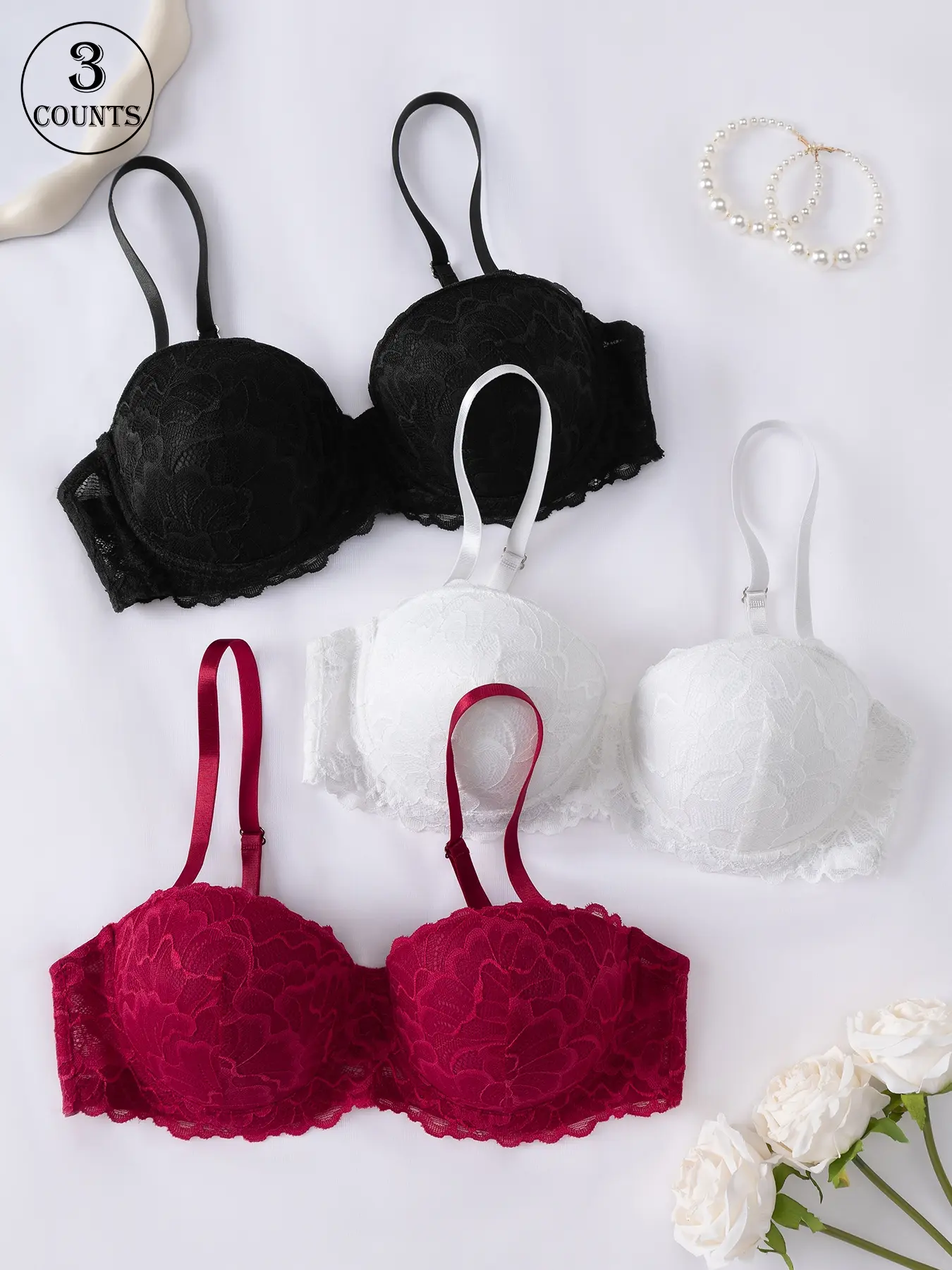 3-piece set of solid color high-quality bras, sexy lace women's underwear, Lady, elegant, breathable, and comfortable on the skin, one-piece with underwire and hook-back design, back-smoothing, yoga sports push-up bra, adjustable straps women's lingerie