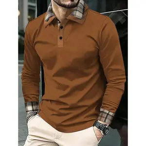 Men's Brown Plaid Print Polo Shirt Fall Long Sleeve Business Commuting Regular Fit Medium Length 100% Polyester Top Fabric Menswear Hem Stretch