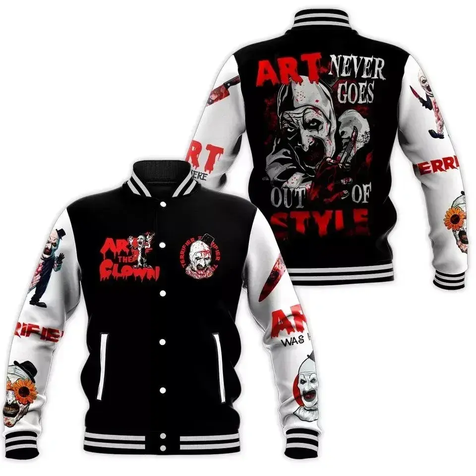 Terrifier Art The Clown Baseball Jacket Horror Movie Varsity, Unisex Baseball Jacket, Varsity Style Sport Coat, Casual Street Fashion