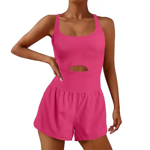 Women's Body-Fit Athletic Activewear Romper - Bandeau Jumpsuits & Rompers with Built-in Bra, Keyhole Front, Cross-Back Straps, Backless Design, Back Tie Detail, Machine Washable for Yoga, Sportswear, Clothes for Women