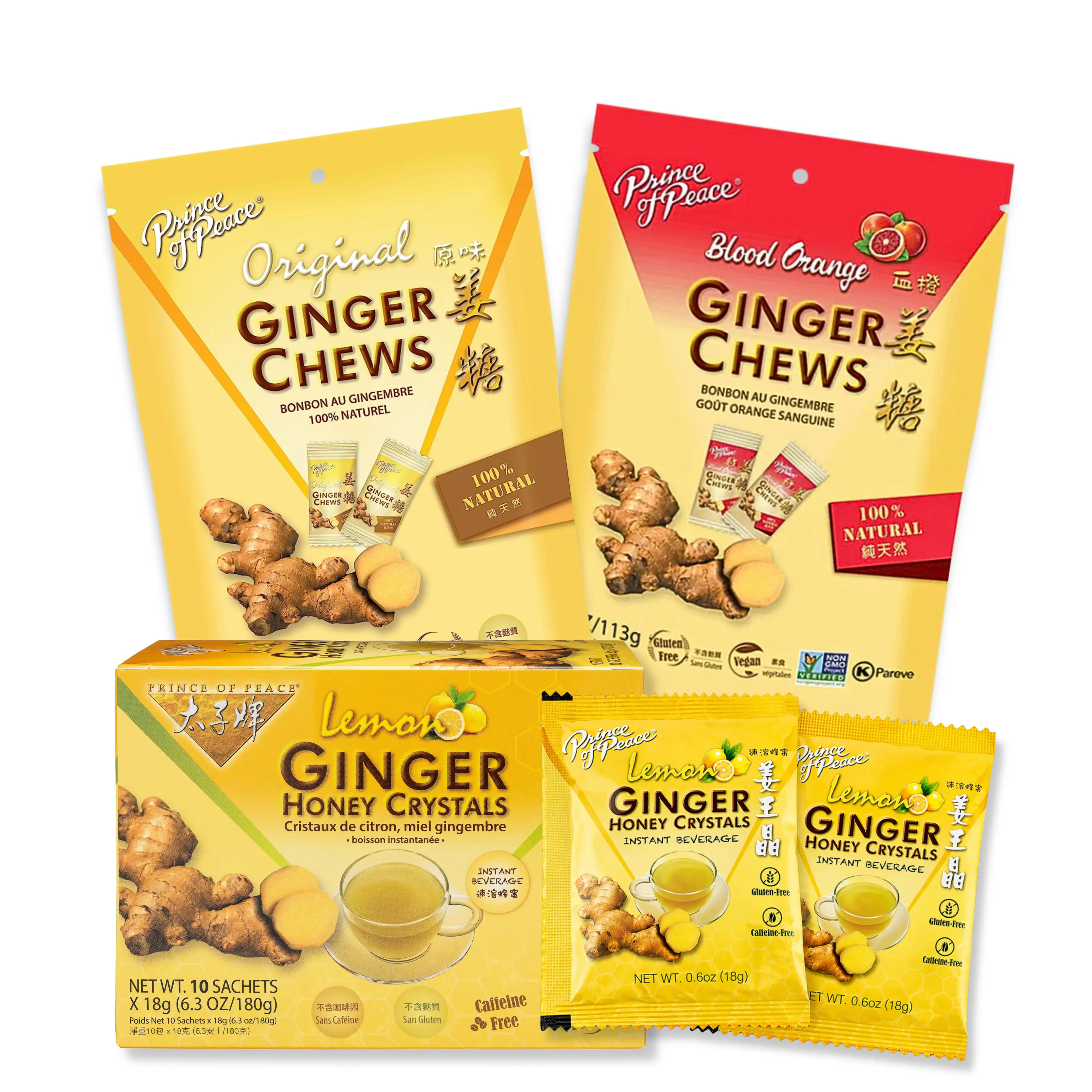 Prince of Peace Ginger Sampler Bundle – Original & Blood Orange Ginger Chews with Lemon Ginger Honey Crystals