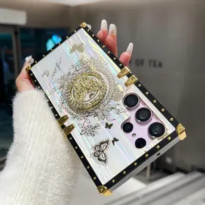 Square Butterfly Protective Phone Case with Stand, Vintage Luxury Design for Samsung Galaxy S21 Plus S22 Ultra S26 Ultra S24 Fe S25 Casing