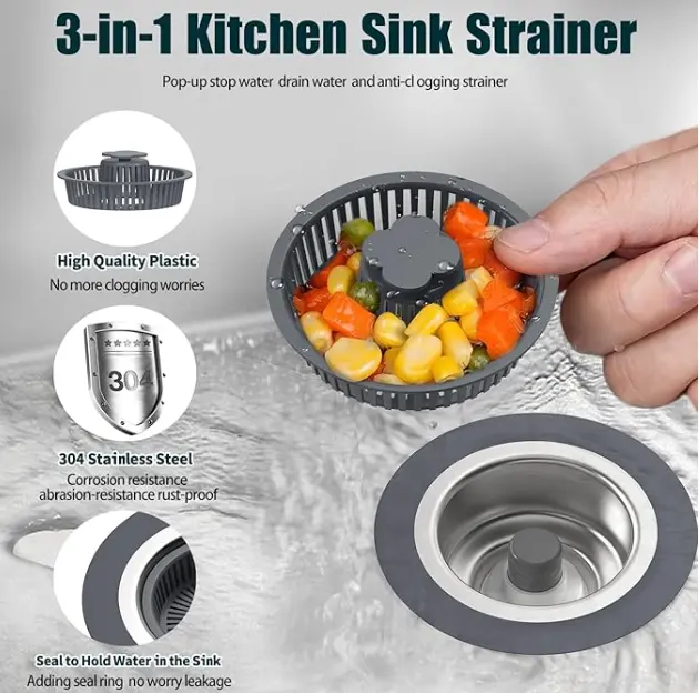 Upgraded 3 in 1 Kitchen Sink Drain Strainer - Stainless Steel Pop Up Sink Stopper Combo, Anti-Clogging Sink Food Catcher Basket, Fast Drainage Odor Filter Sink Plug for US Standard 3 1/2 inch Drain