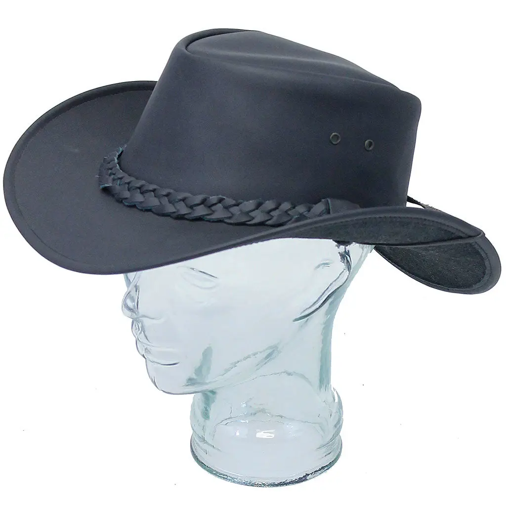 JAMIN LEATHER® Black Waterproof Cowboy Hat with Braid Hatband Leather Chinstrap & Sweatband Liner Heavy Cowhide Leather Adjustable Sizes M L XL #H1240BK