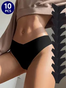 Women's 10pcs Solid High Cut Fitted Knickers, Soft Comfy Breathable Seamless Medium Panty for Daily Wear, Women's Underwear for All Seasons