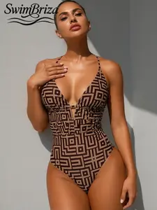 Briza｜Tan Geometric Halter One Piece Swimsuit For Women, One Piece Bathing Suit Women Love For Vacation Swimwear For Women, Designed As Tummy Control Swimwear, Bathing Suits For Women, Women'S Swimsuits And Cute Swimsuits For Women