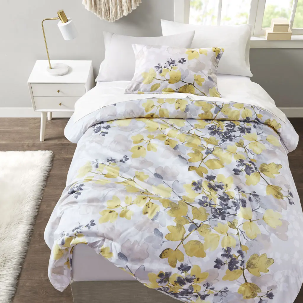 Alexis 360-Degree Stand TwinXL Modern Botanical Print Floral Motif Microfiber Bedding Set - 66x90x1.5in Yellow Twin Extra Large Comforter Set with Bed Sheets, Side Pockets, Soft Blanket