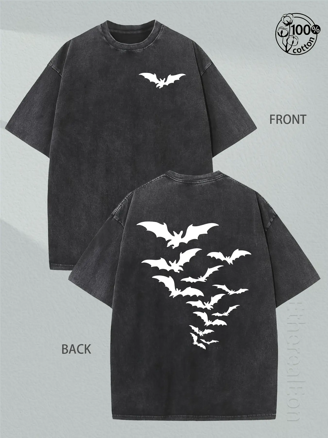 Men's Vintage Washed T-Shirt with Bat Graphic Print, 230g Pure Cotton Fitted Cut, Breathable & Sweat-Absorbing, Vintage Worn, Figure