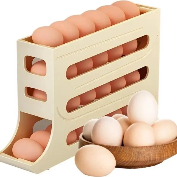 4 Layer Egg Dispenser Organizer With Auto Rolling Mechanism For Efficient Storage Stackable Egg Holder In White Yellow Or Grey Space Saving Egg Dispenser Rack With BPA Free Construction And Clear View Kitchen Utensils