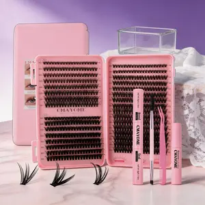 Natural Cat Eye Lash Clusters, Self-Grafting Eyelash Extension Kit, 20D-50D D Curl Mixed Length, Fluffy Individual Lashes with Makeup Tools