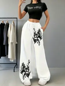 2026 Spring/Autumn New Style Skull + Ace of Spades Playing Card Print Women's Wide-Leg Soft Sweatpants, Graphic Sweatpants, High-Waisted Drawstring Casual Sports Pants, Flattering for Petite and Pear-Shaped Figures