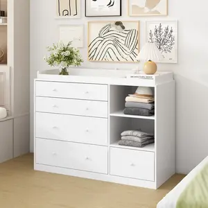 FUFU&GAGA 5-Drawer Dresser with Open Shelves, Modern White Chest of Drawers with Knobs, Storage Cabinet for Bedroom & Living Roomfor the Bedroom Furniture Organizer
