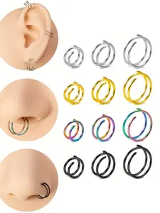 3pcs Double Hoop Earrings Nose Ring Set, Stainless Steel Cartilage Tragus Helix Piercing Jewelry, Women's Body Jewelry for Party & Daily Wear, Helix Pierced Ring