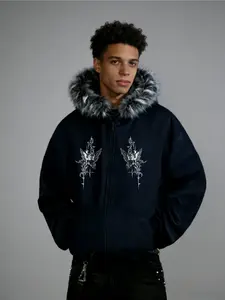 Men's Warm Zipper Hooded Cardigan Sweater with Faux Fur, Gothic Street Style, Loose-Fitting, Spring & Fall Fashion, Perfect for Dates and Shopping