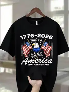Men's 250th Anniversary American Flag & Bald Eagle T-Shirt 1776-2026 100% Cotton Loose Fit Casual Shirt with Eagle Print Ideal for 4th of July Thanksgiving & Christmas Gifts