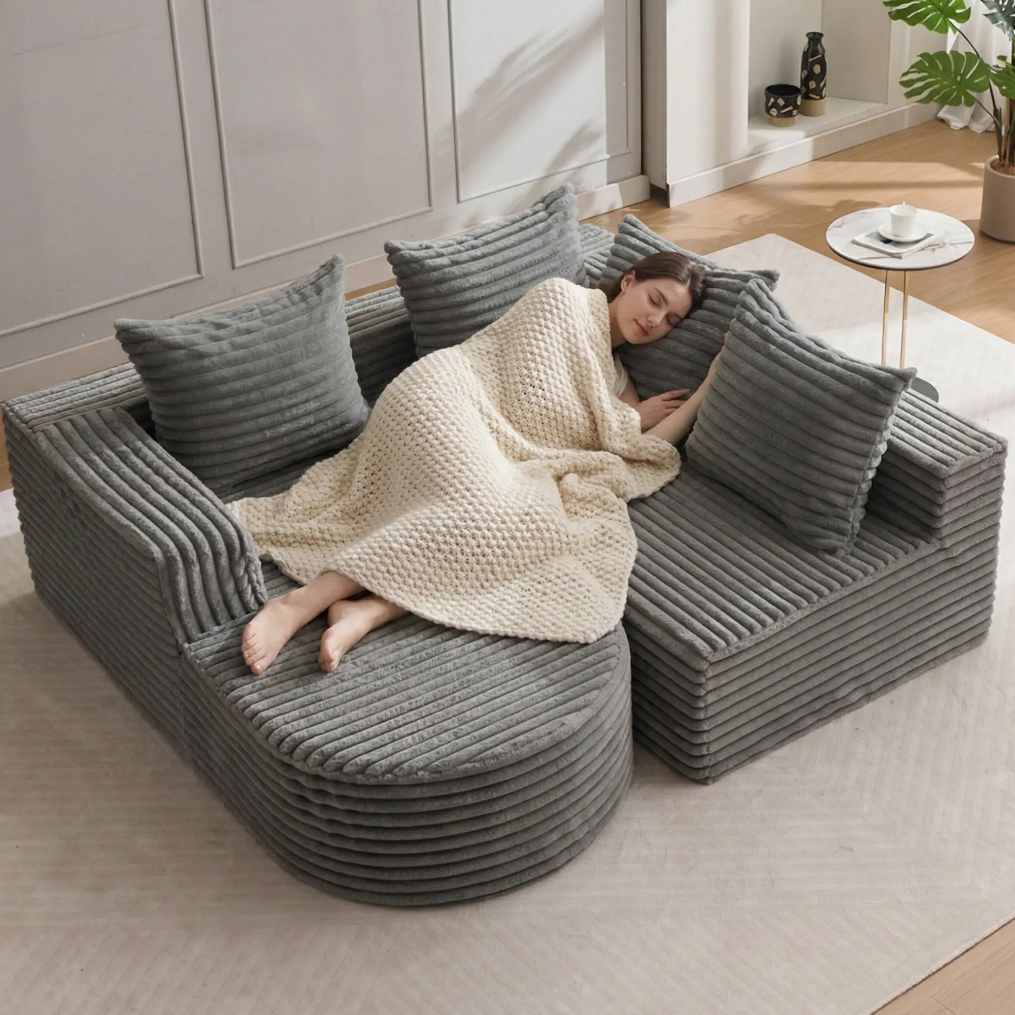 Homeokay 102" L-Shaped Boneless Corduroy Cloud Sofa with Chaise, Fixed Arms, Cushion, Deep Seat, Fully Assembled Modern Multi-Functional Couch for Living Room Apartment Furniture (Shipped in 2 Packages)