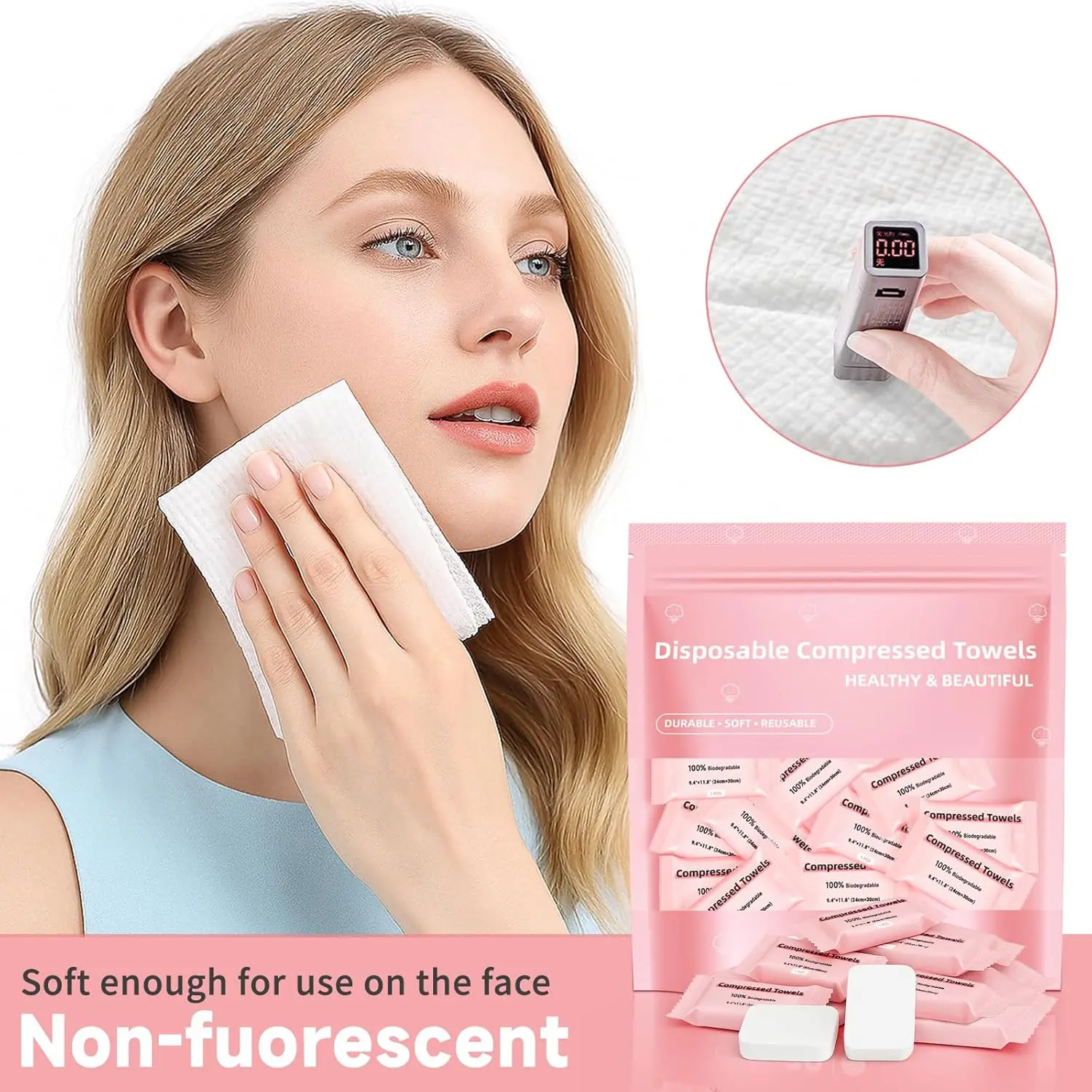 Disposable compressed towel tablets — portable, compact face towels suitable for home use, camping, hiking, travel, picnics, and gym workouts. Ideal for on-the-go hand cleansing, facial cleansing, and makeup removal. 1 pack, 30 count, size 9.4″ × 11.8″. t