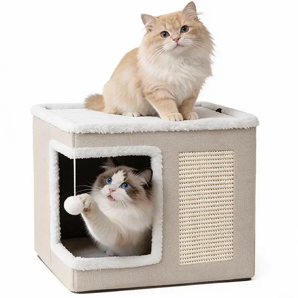 Large Cat Cave Bed for Indoor Cats, Soft Foldable Hideaway with Sisal Scratch Pad & Hanging Ball for Kittens and Adult Cats, 16.5" × 16.5" × 14", Ivory